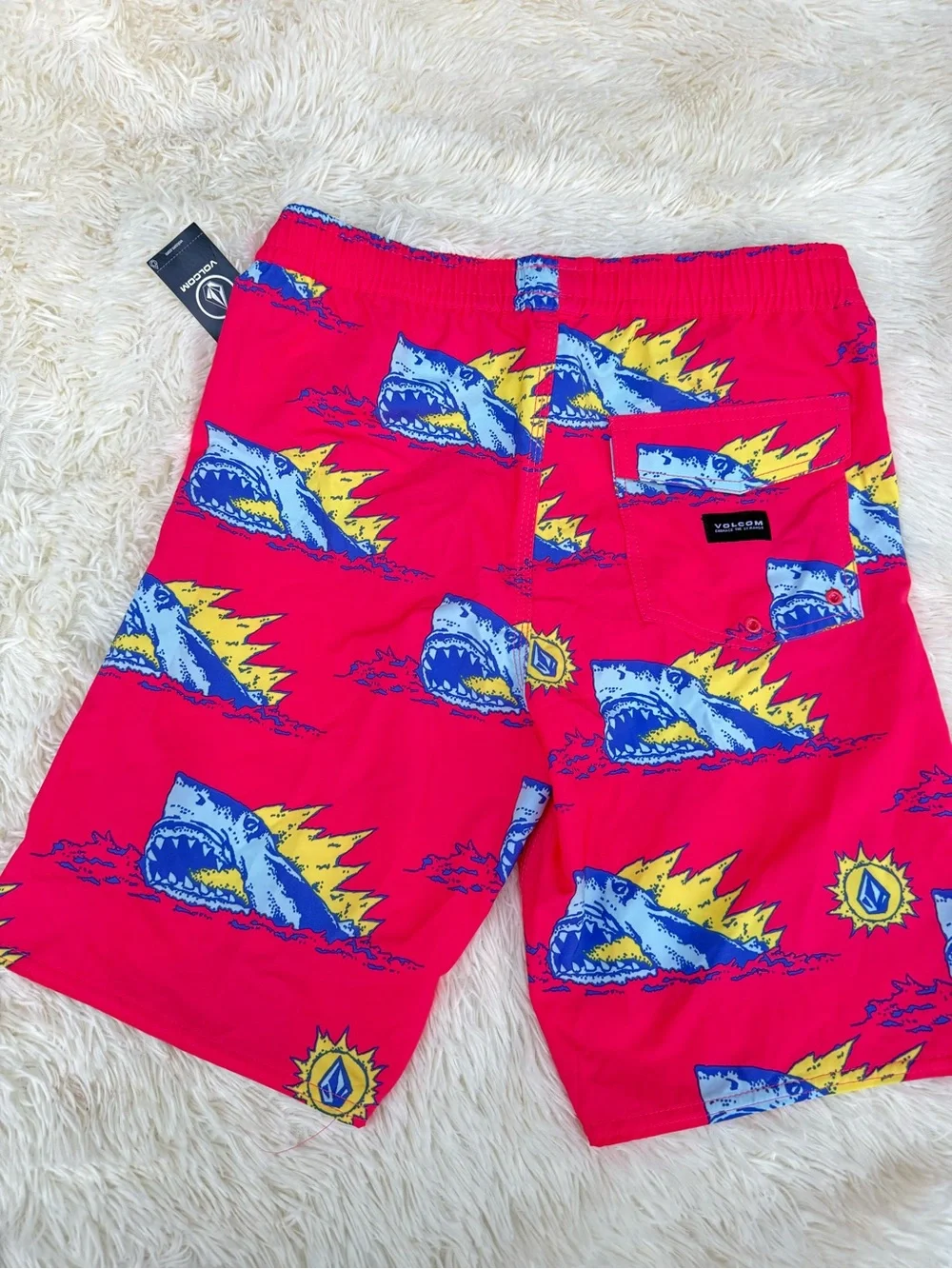 Volcom Swim Shorts with Blue and Yellow Shark Graphic